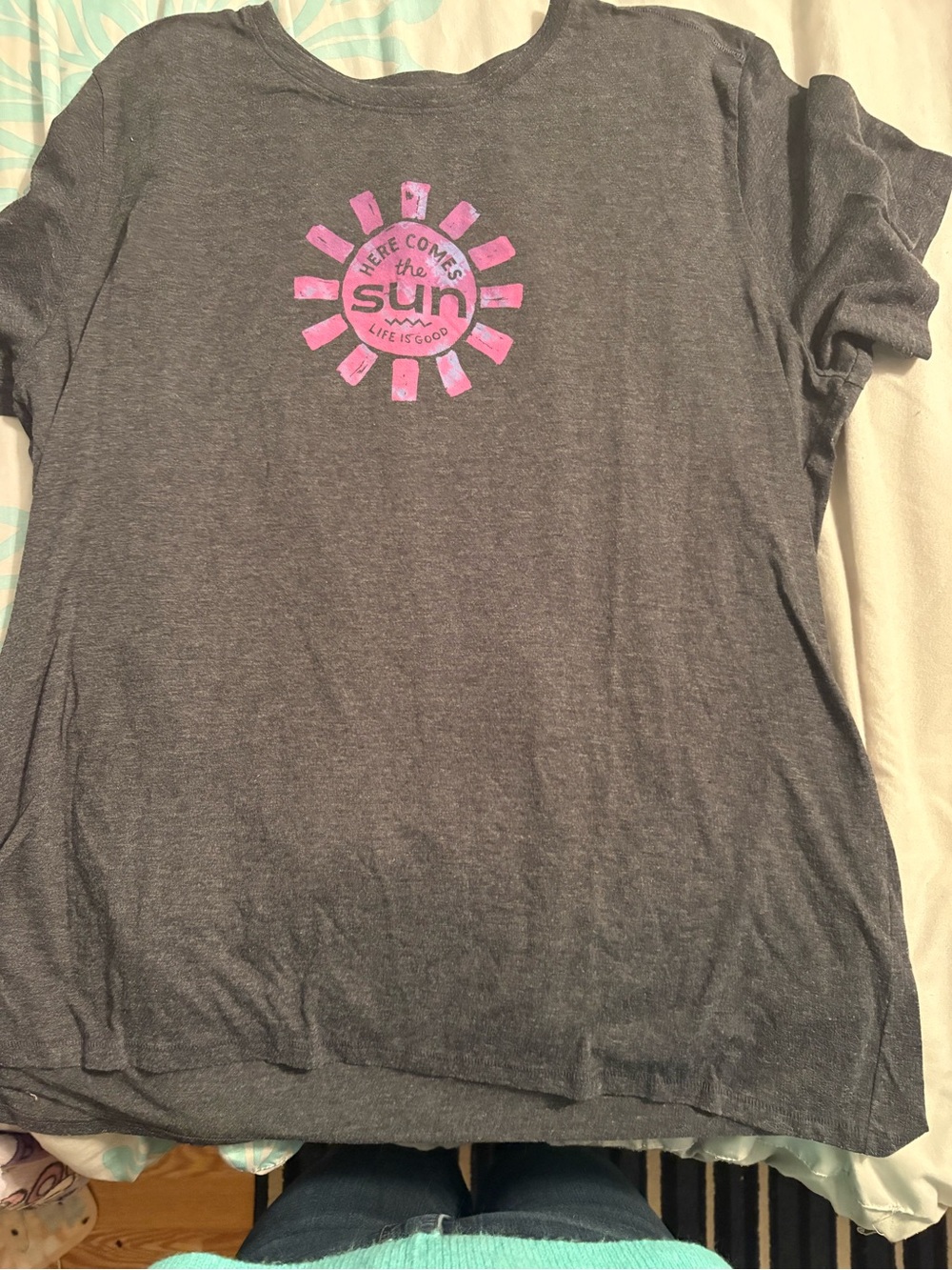 Life Is Good Gray Tee with Pink Sun Graphic cool tee